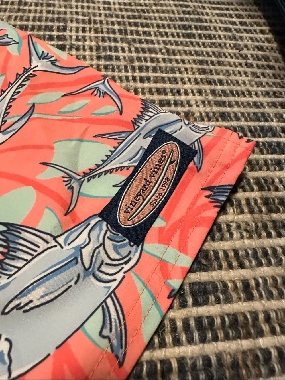 Vineyard Vines Coral Swim Trunks with Blue Fish Print Medium 12-14yo